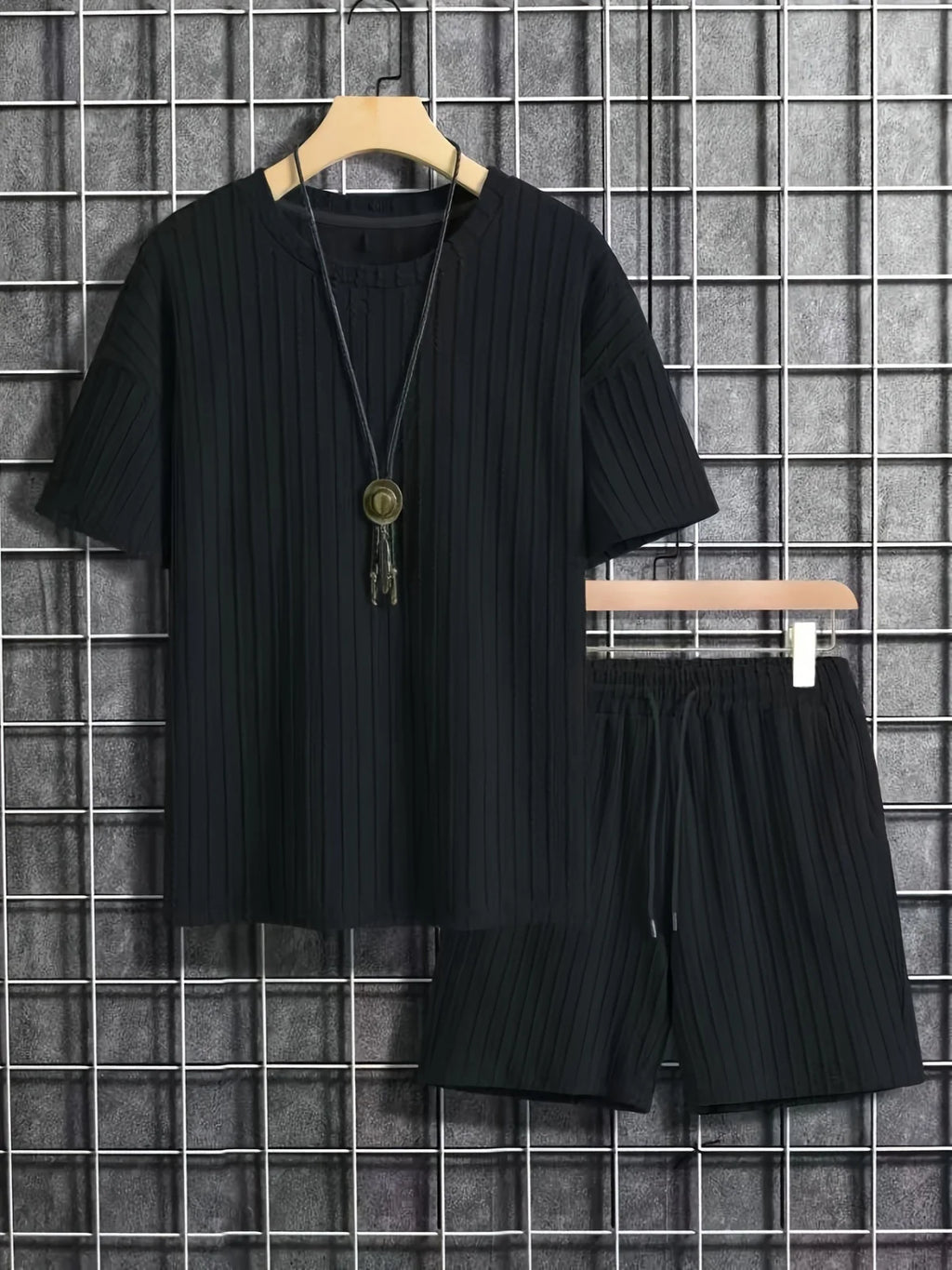 fashion summer sports solid color crew-neck vertical stripe T-shirt shorts short-sleeved suit Loose two-piece set
