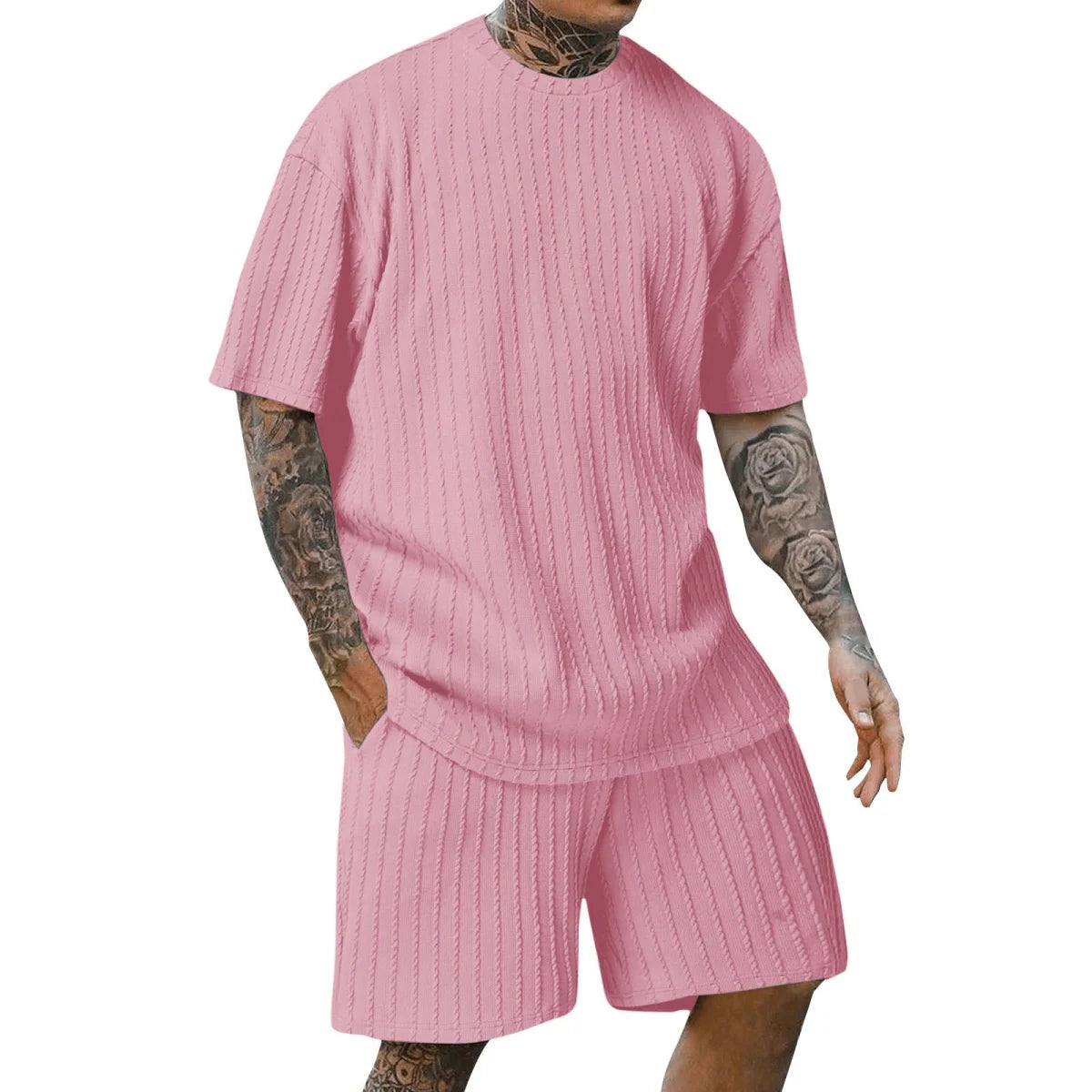 fashion summer sports solid color crew-neck vertical stripe T-shirt shorts short-sleeved suit Loose two-piece set