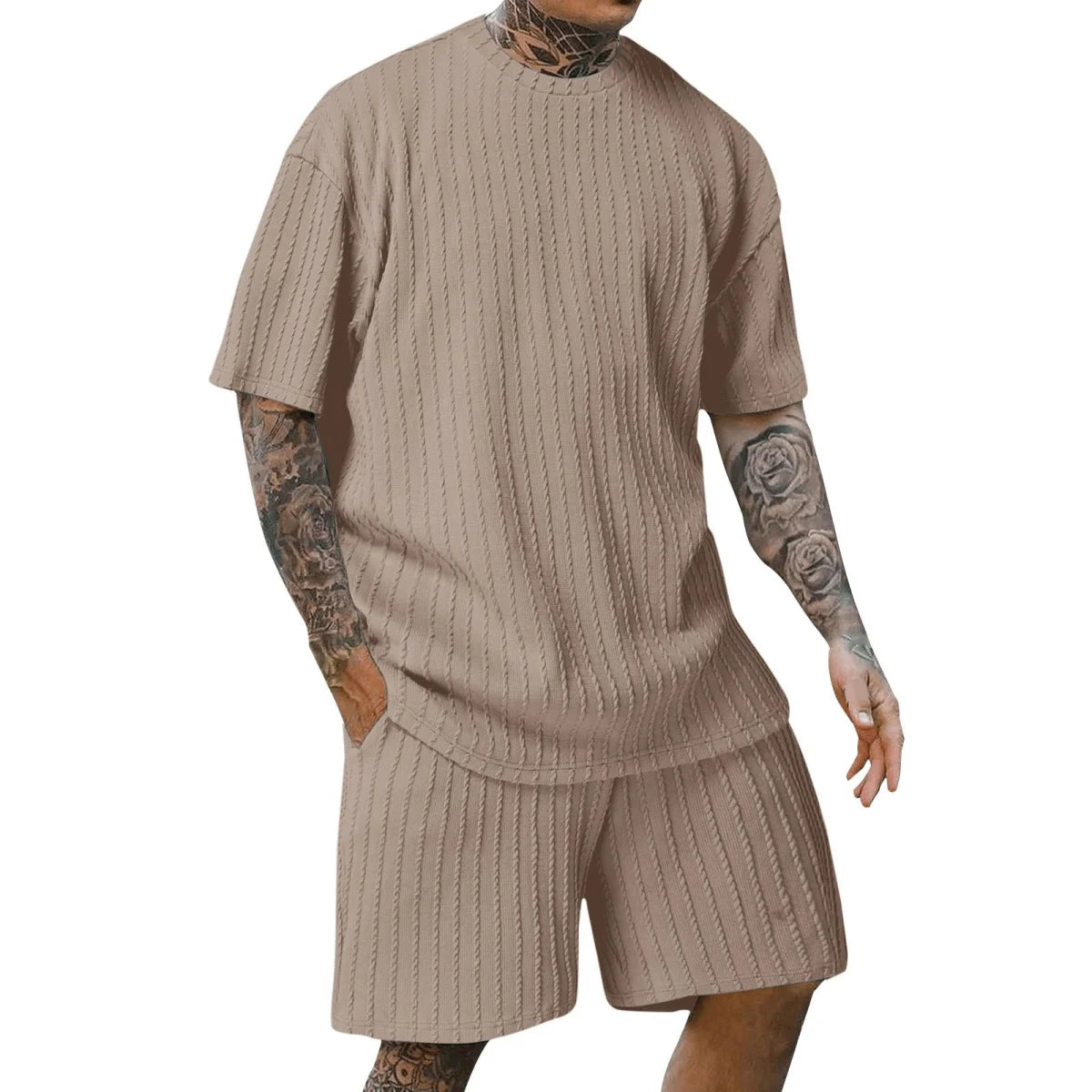 fashion summer sports solid color crew-neck vertical stripe T-shirt shorts short-sleeved suit Loose two-piece set