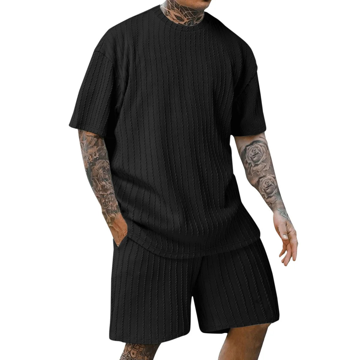 fashion summer sports solid color crew-neck vertical stripe T-shirt shorts short-sleeved suit Loose two-piece set