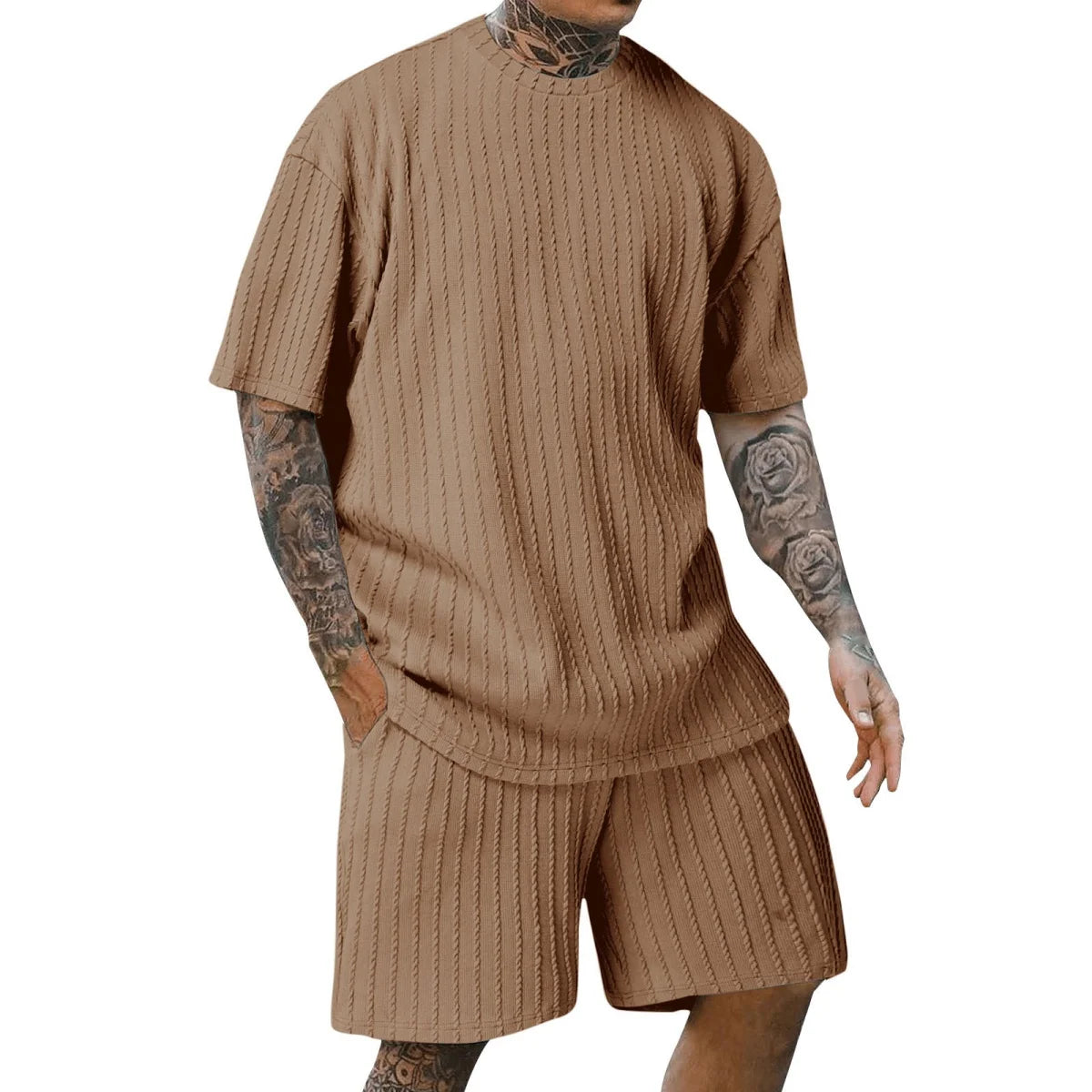 fashion summer sports solid color crew-neck vertical stripe T-shirt shorts short-sleeved suit Loose two-piece set