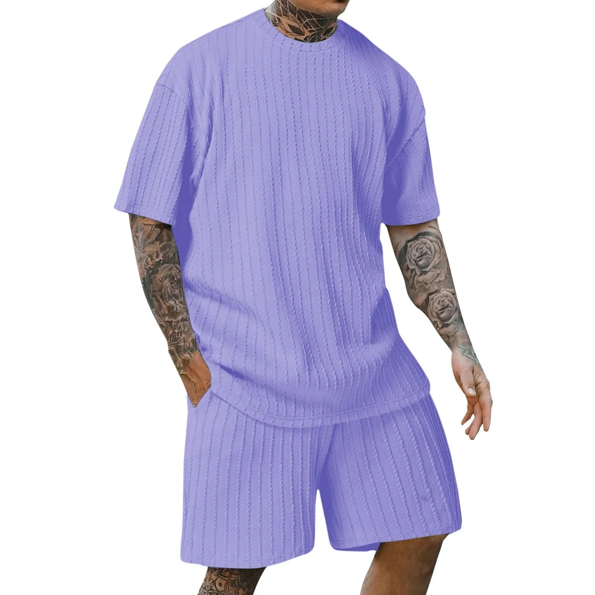 fashion summer sports solid color crew-neck vertical stripe T-shirt shorts short-sleeved suit Loose two-piece set