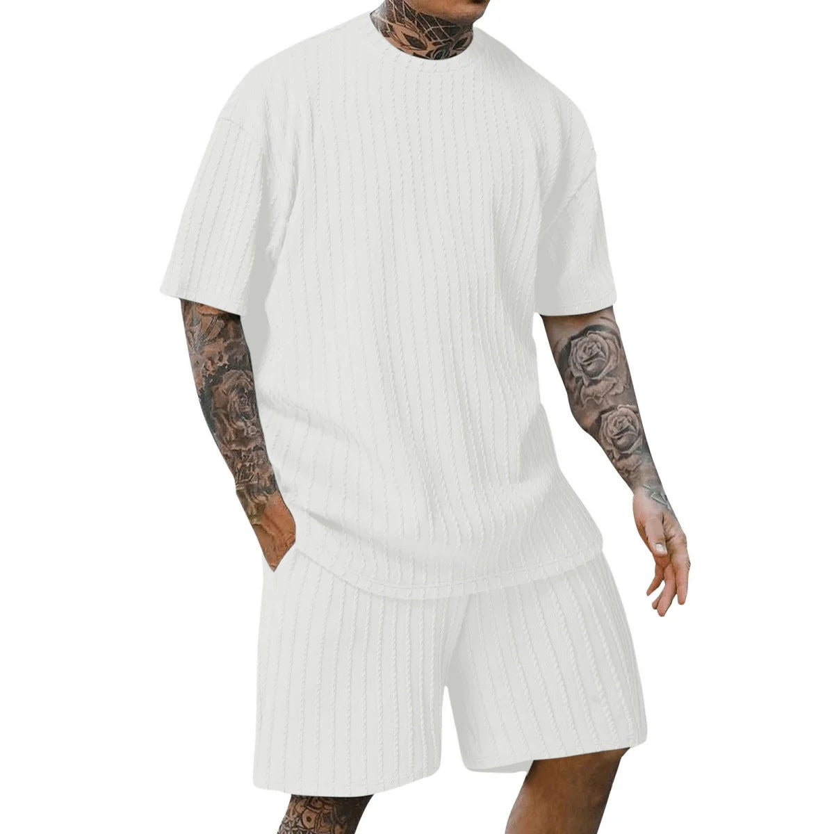 fashion summer sports solid color crew-neck vertical stripe T-shirt shorts short-sleeved suit Loose two-piece set