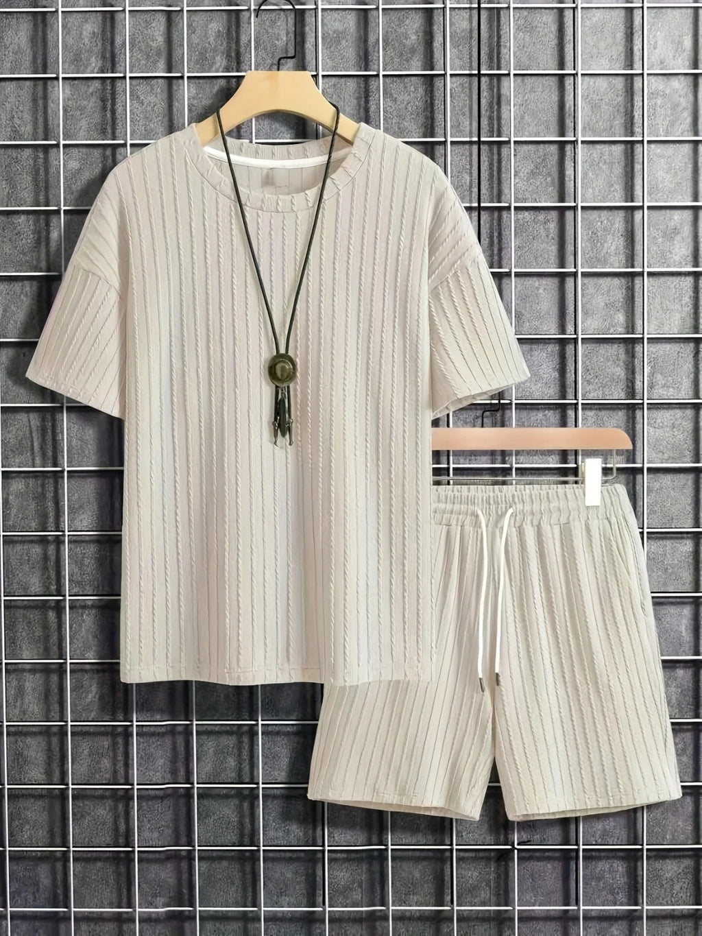 fashion summer sports solid color crew-neck vertical stripe T-shirt shorts short-sleeved suit Loose two-piece set