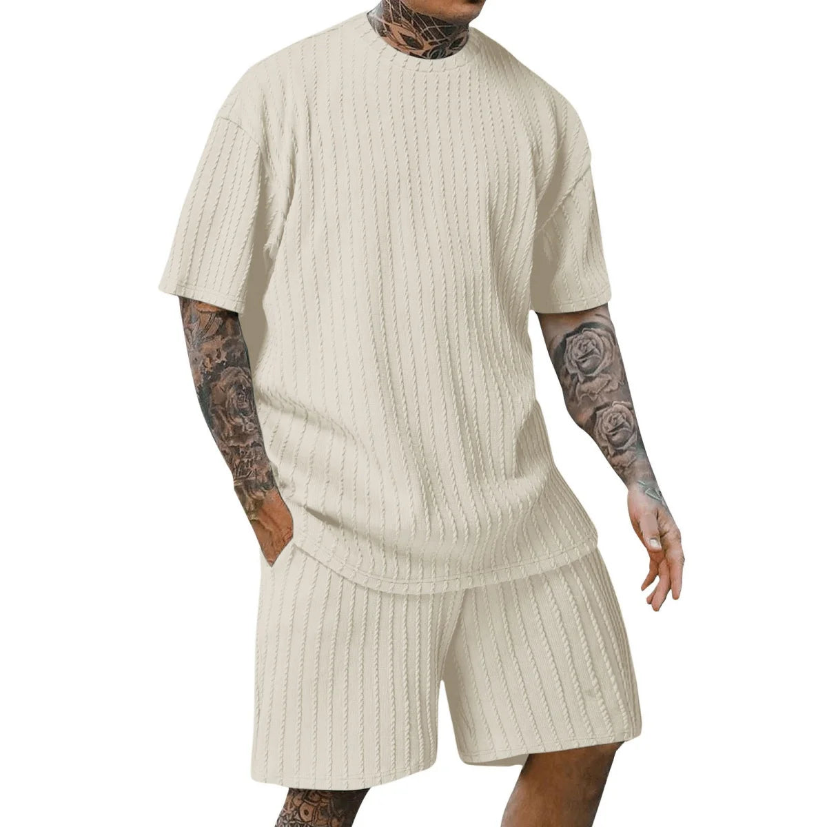 fashion summer sports solid color crew-neck vertical stripe T-shirt shorts short-sleeved suit Loose two-piece set