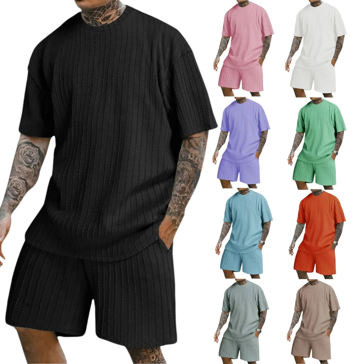 fashion summer sports solid color crew-neck vertical stripe T-shirt shorts short-sleeved suit Loose two-piece set